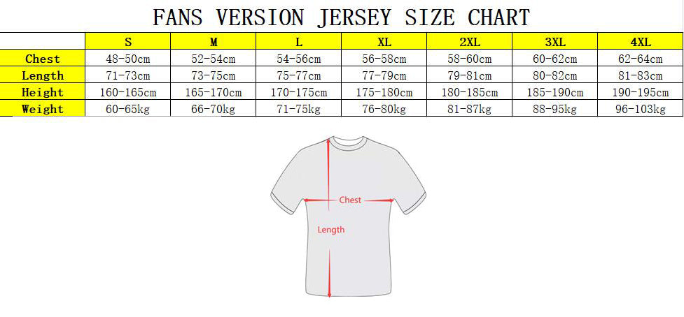 Jersey Fan Version Size Chart Adult