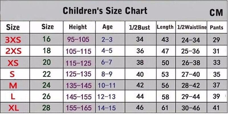 Jersey Size Chart Kids