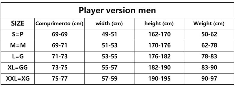 Jersey Player Version Size Chart Men Adult